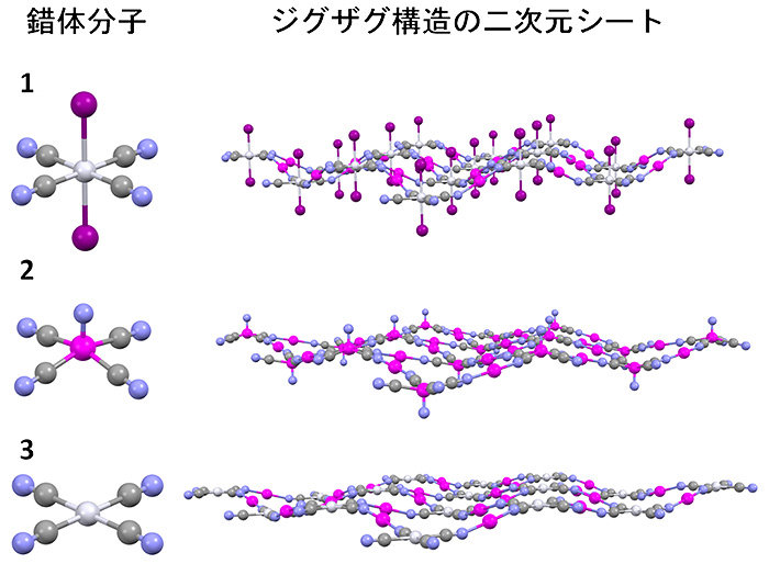 ３種類の錯体分子とボトムアップにより合成したジグザグ二次元シート